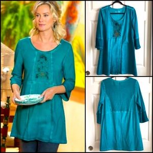 Soft Surrounding Teal Embroidered Beaded Tunic Top Blouse